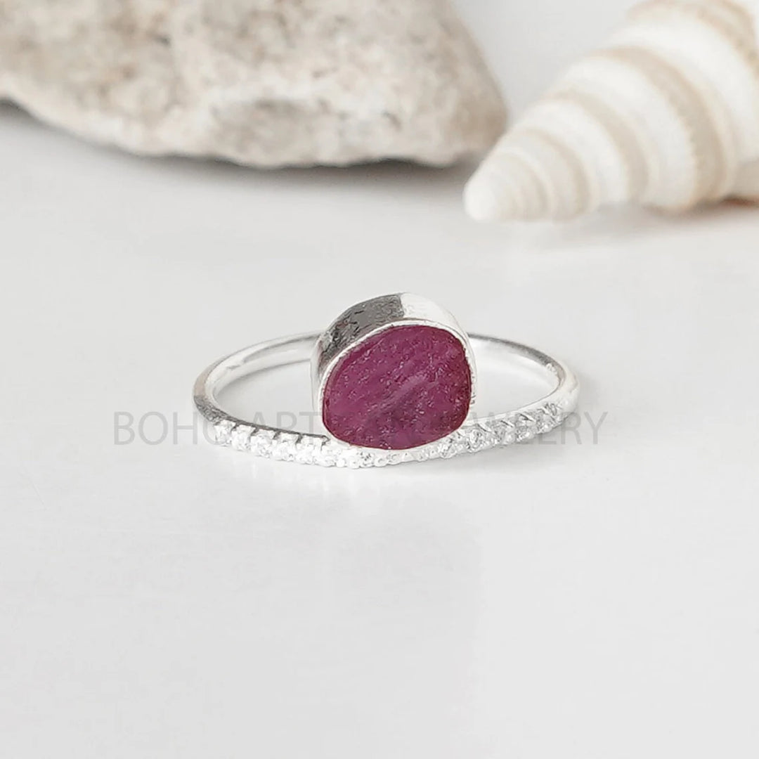 Raw Moonstone Sterling Silver Ring: Dainty CZ Band, July Birthstone