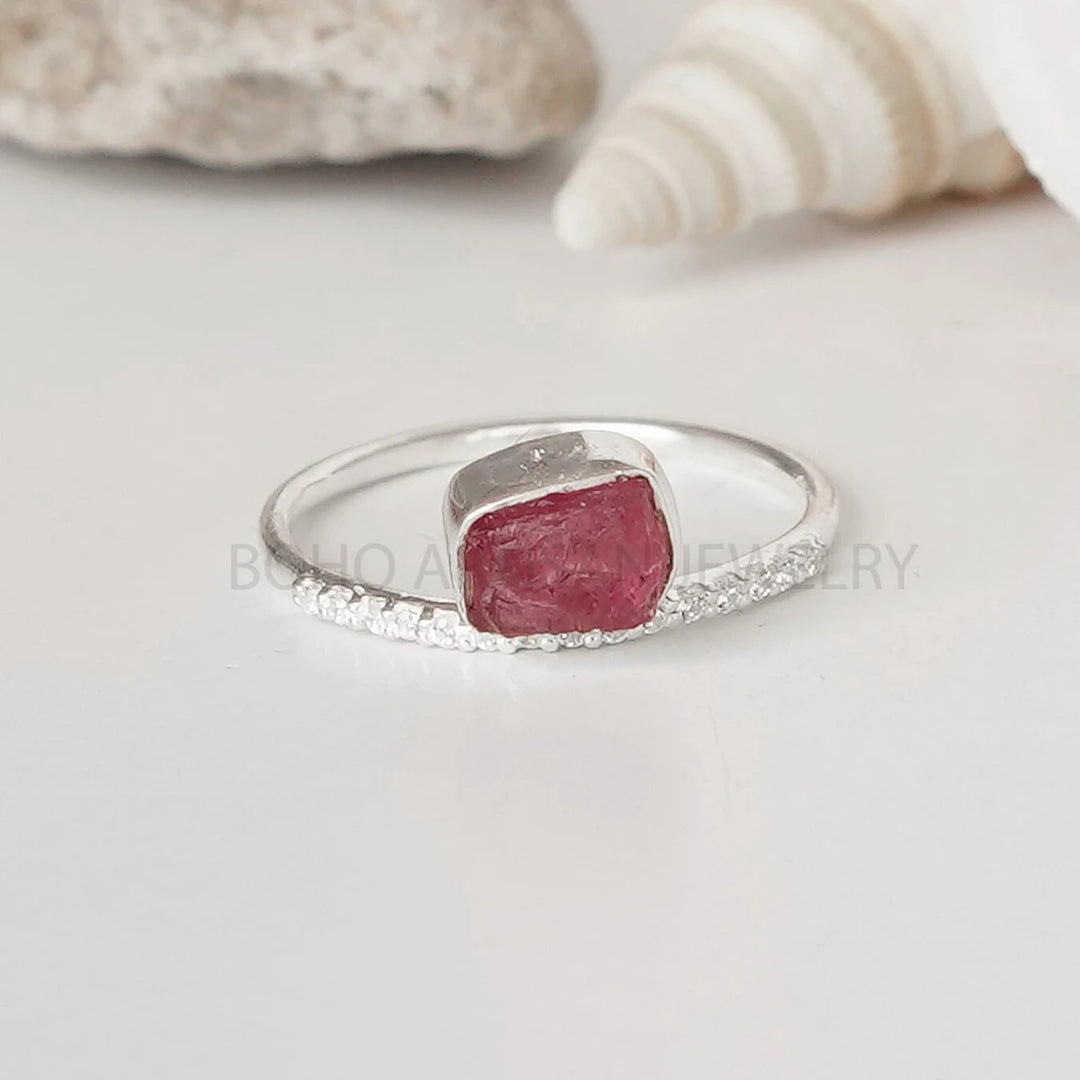 Raw Moonstone Sterling Silver Ring: Dainty CZ Band, July Birthstone