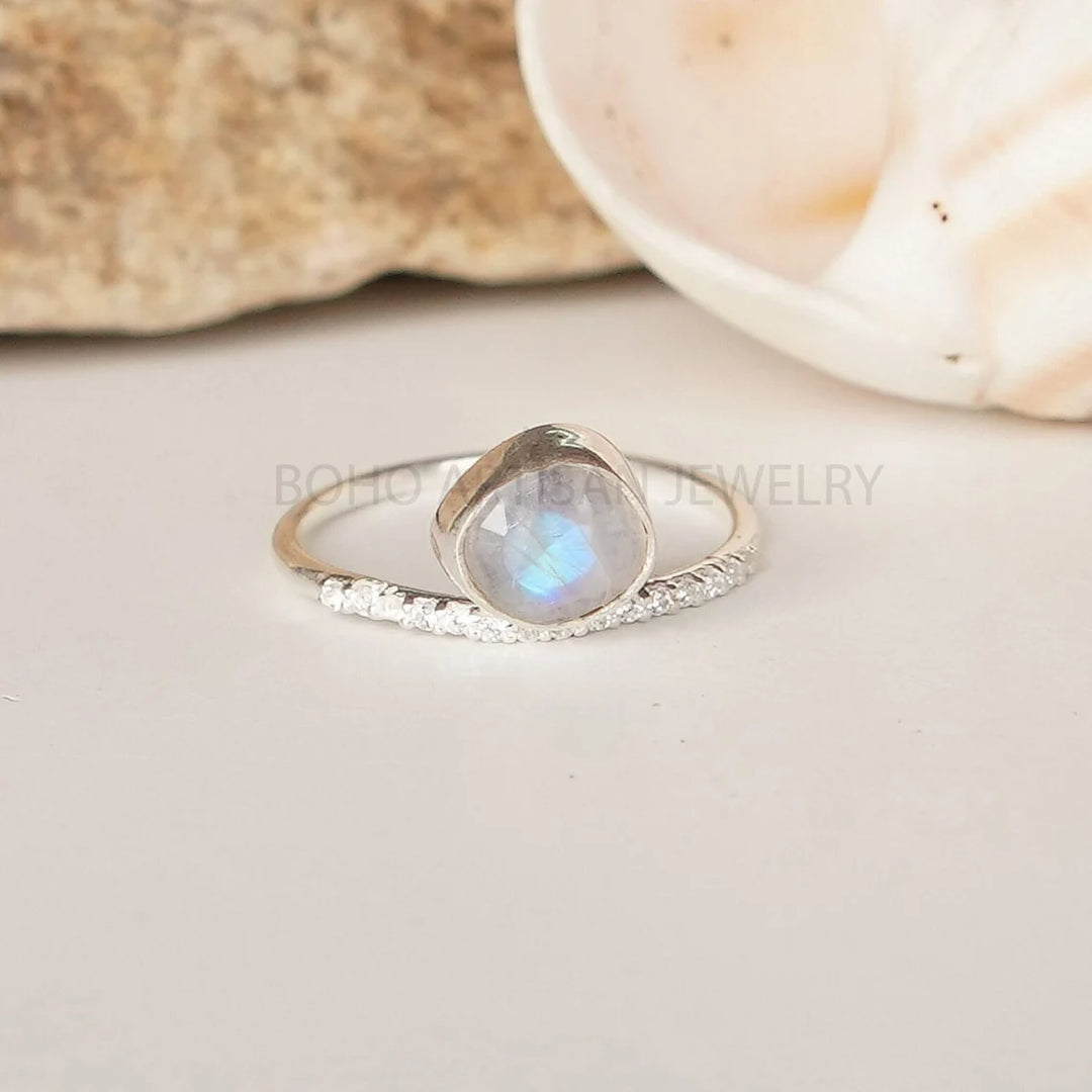 Raw Moonstone Sterling Silver Ring: Dainty CZ Band, July Birthstone