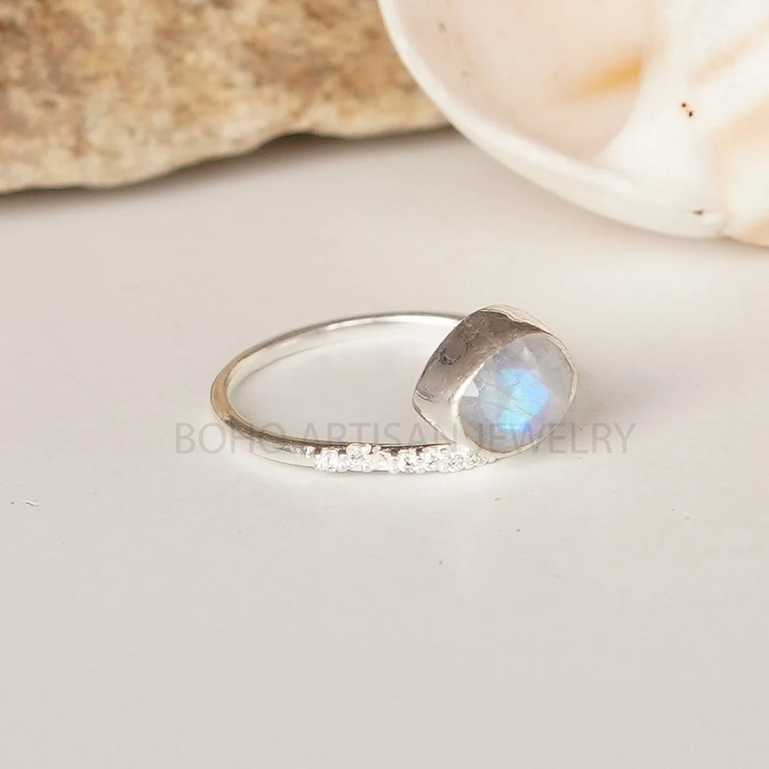 Raw Moonstone Sterling Silver Ring: Dainty CZ Band, July Birthstone