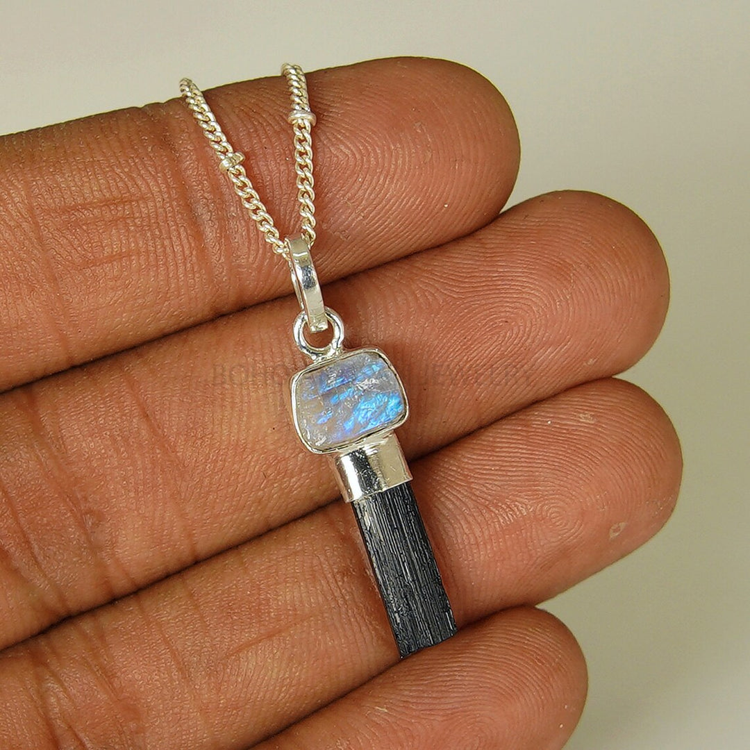 Raw Moonstone & Black Tourmaline 925 Sterling Silver Pendant