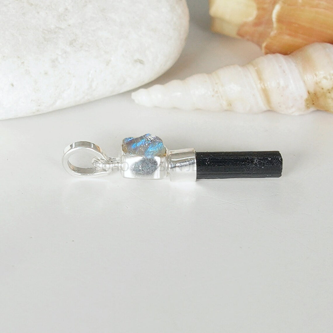 Raw Moonstone & Black Tourmaline 925 Sterling Silver Pendant