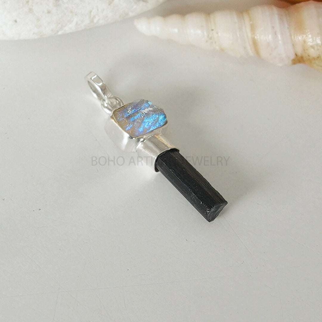 Raw Moonstone & Black Tourmaline 925 Sterling Silver Pendant