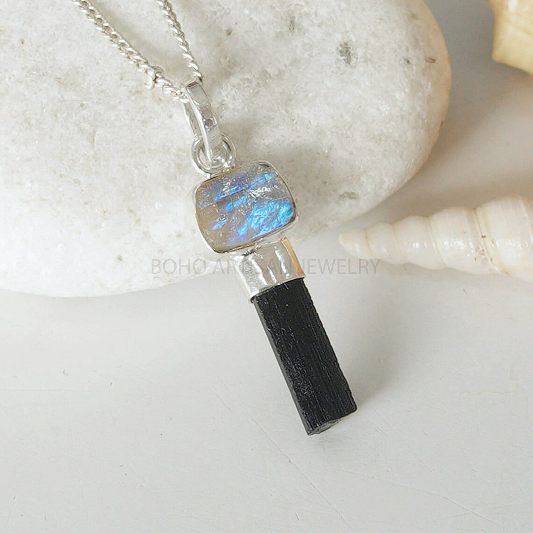 Raw Moonstone & Black Tourmaline 925 Sterling Silver Pendant