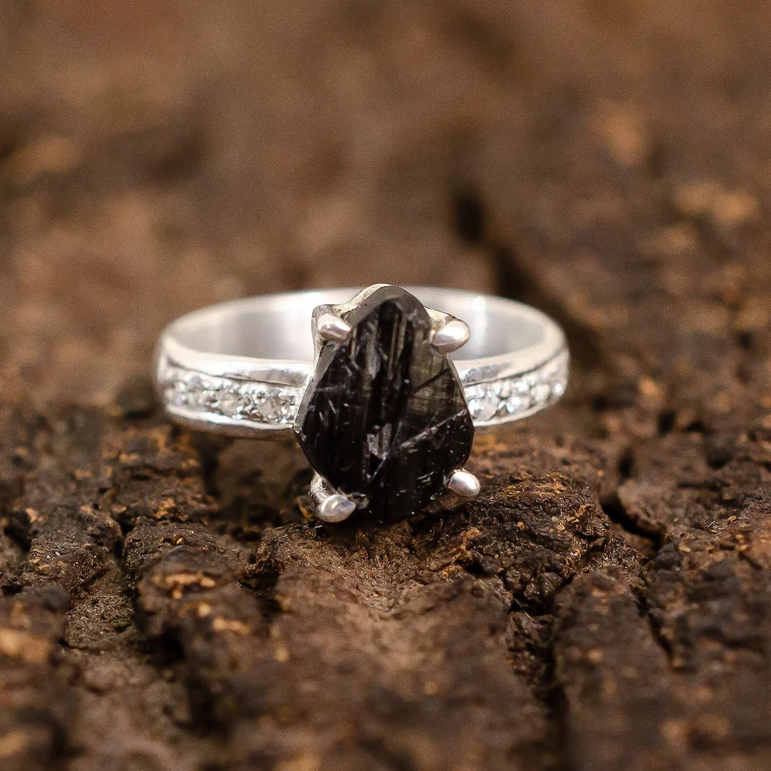 Raw Black Tourmaline Ring: Sterling Silver, Handmade Boho Jewelry
