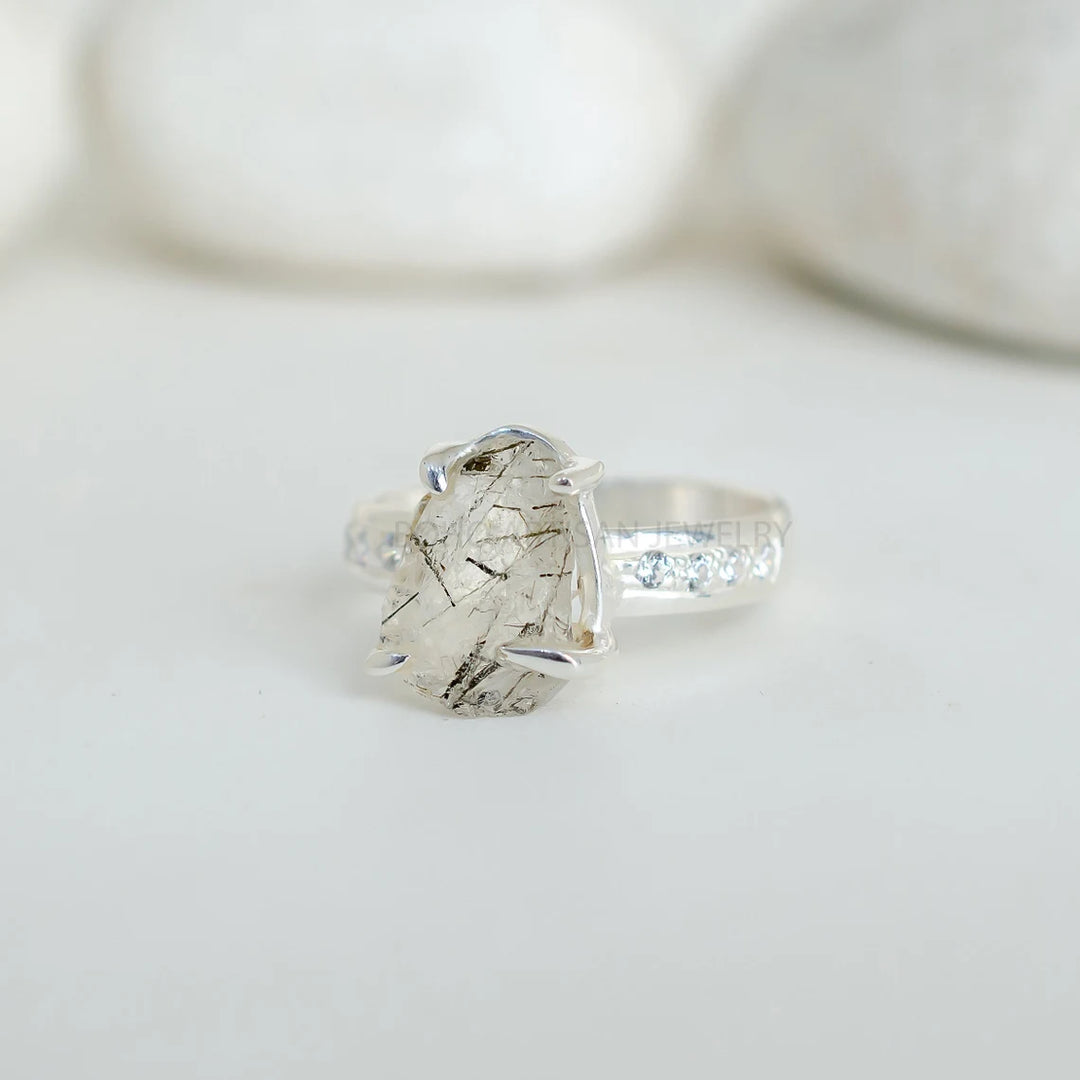 Raw Black Tourmaline Ring: Sterling Silver, Handmade Boho Jewelry