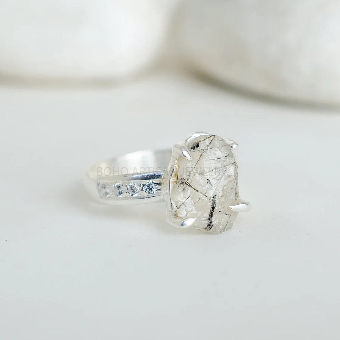 Raw Black Tourmaline Ring: Sterling Silver, Handmade Boho Jewelry