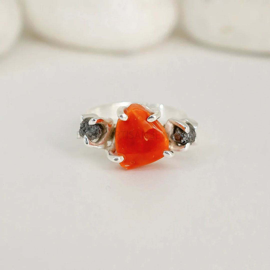 Raw Opal Diamond Ring, Fire Opal Ring, Raw Diamond Ring, October Birthday Gift, Raw Stone Ring, Opal Jewelry - Christmas Gift For Her