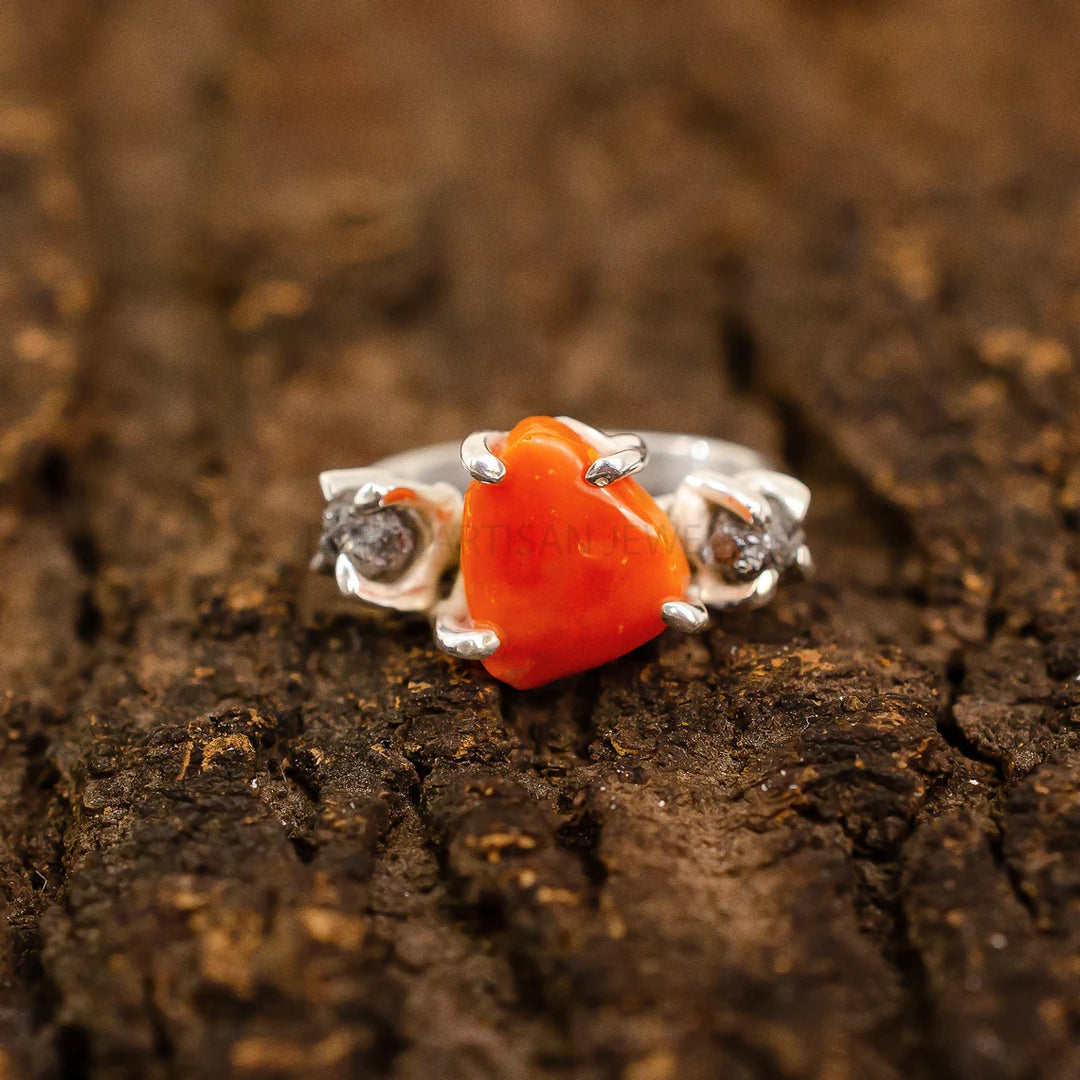 Raw Opal Diamond Ring, Fire Opal Ring, Raw Diamond Ring, October Birthday Gift, Raw Stone Ring, Opal Jewelry - Christmas Gift For Her