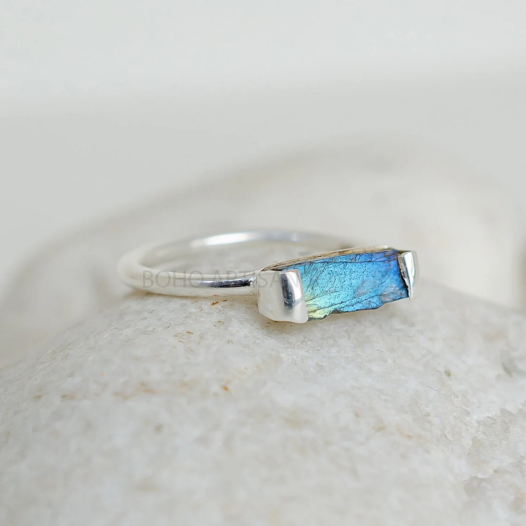 Raw Labradorite Stick Ring: Sterling Silver Rough Gemstone, Boho Jewelry