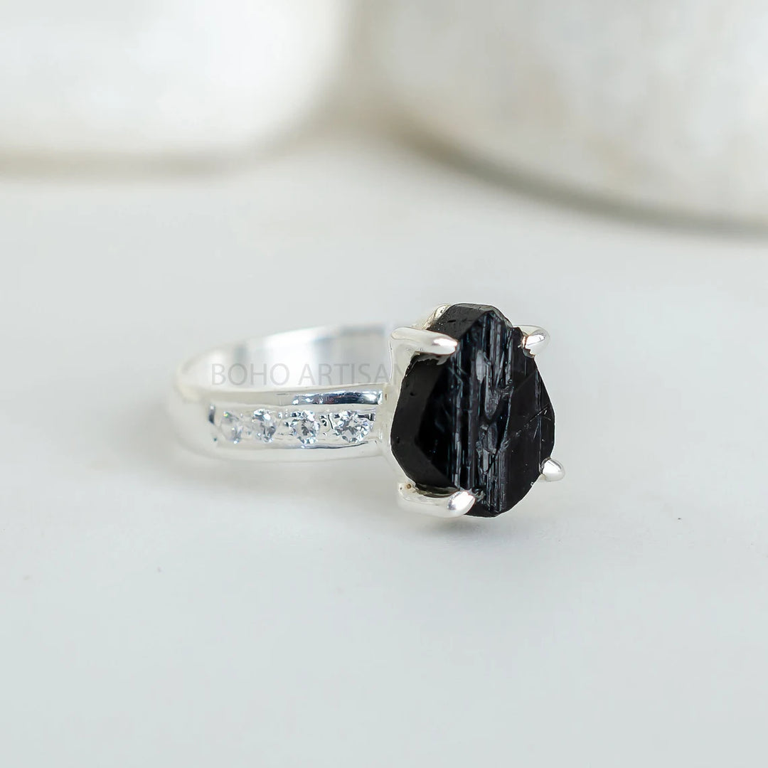 Raw Black Tourmaline Ring: Sterling Silver, Handmade Boho Jewelry