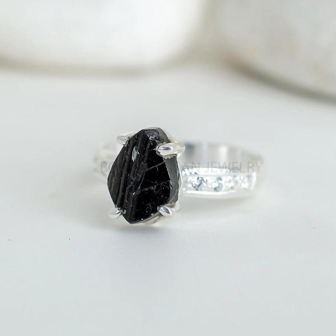 Raw Black Tourmaline Ring: Sterling Silver, Handmade Boho Jewelry