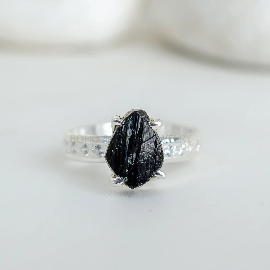 Raw Black Tourmaline Ring: Sterling Silver, Handmade Boho Jewelry