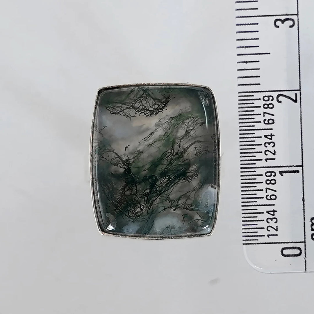 Hammered Sterling Silver Moss Agate Ring: Natural Stone Boho Jewelry
