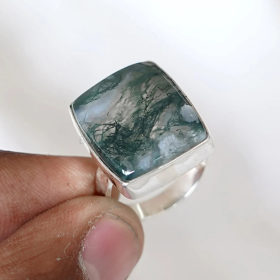 Hammered Sterling Silver Moss Agate Ring: Natural Stone Boho Jewelry