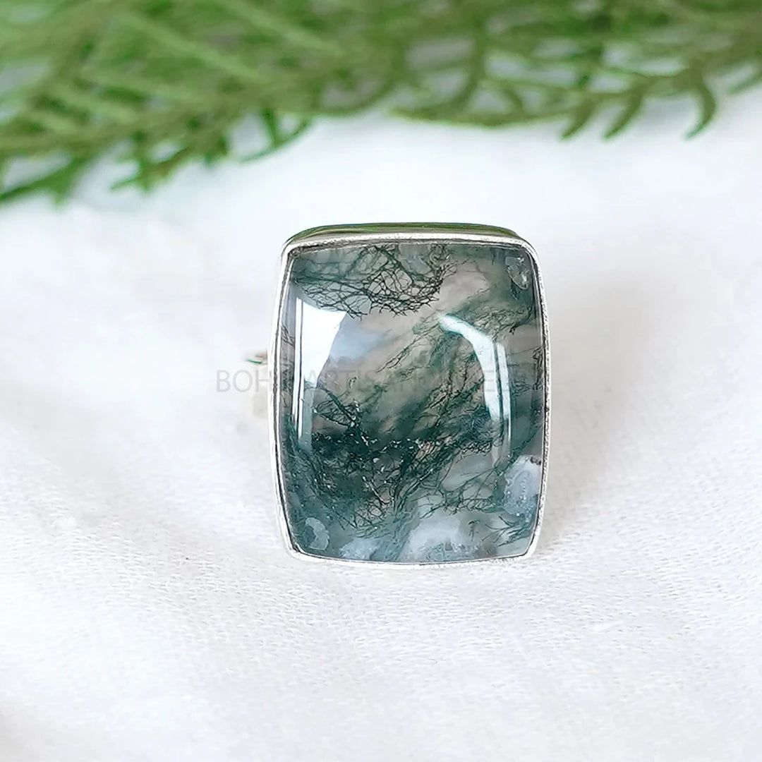 Hammered Sterling Silver Moss Agate Ring: Natural Stone Boho Jewelry