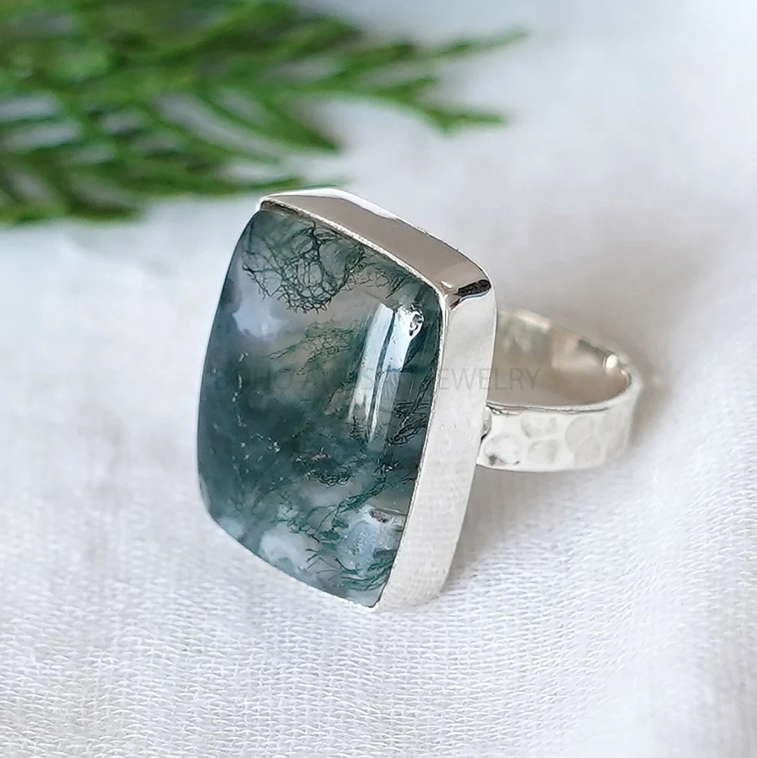 Hammered Sterling Silver Moss Agate Ring: Natural Stone Boho Jewelry