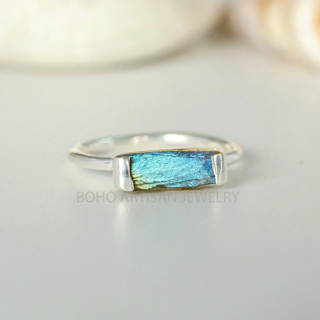 Raw Labradorite Stick Ring: Sterling Silver Rough Gemstone, Boho Jewelry