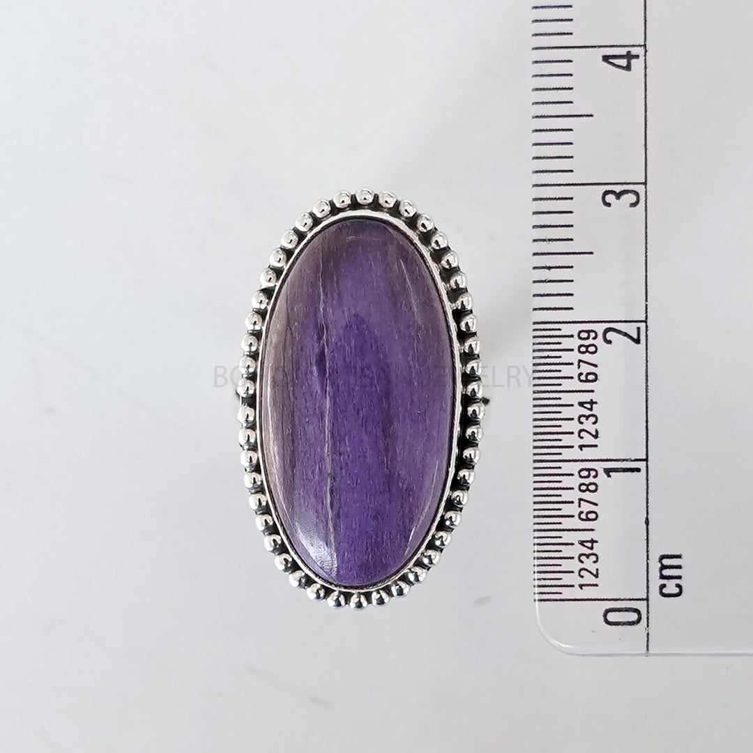 Handmade Charoite Silver Ring: Oval Cabochon, Boho Jewelry