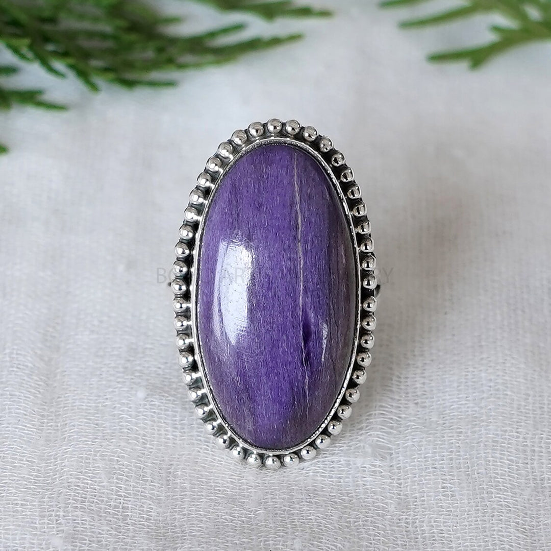 Handmade Charoite Silver Ring: Oval Cabochon, Boho Jewelry