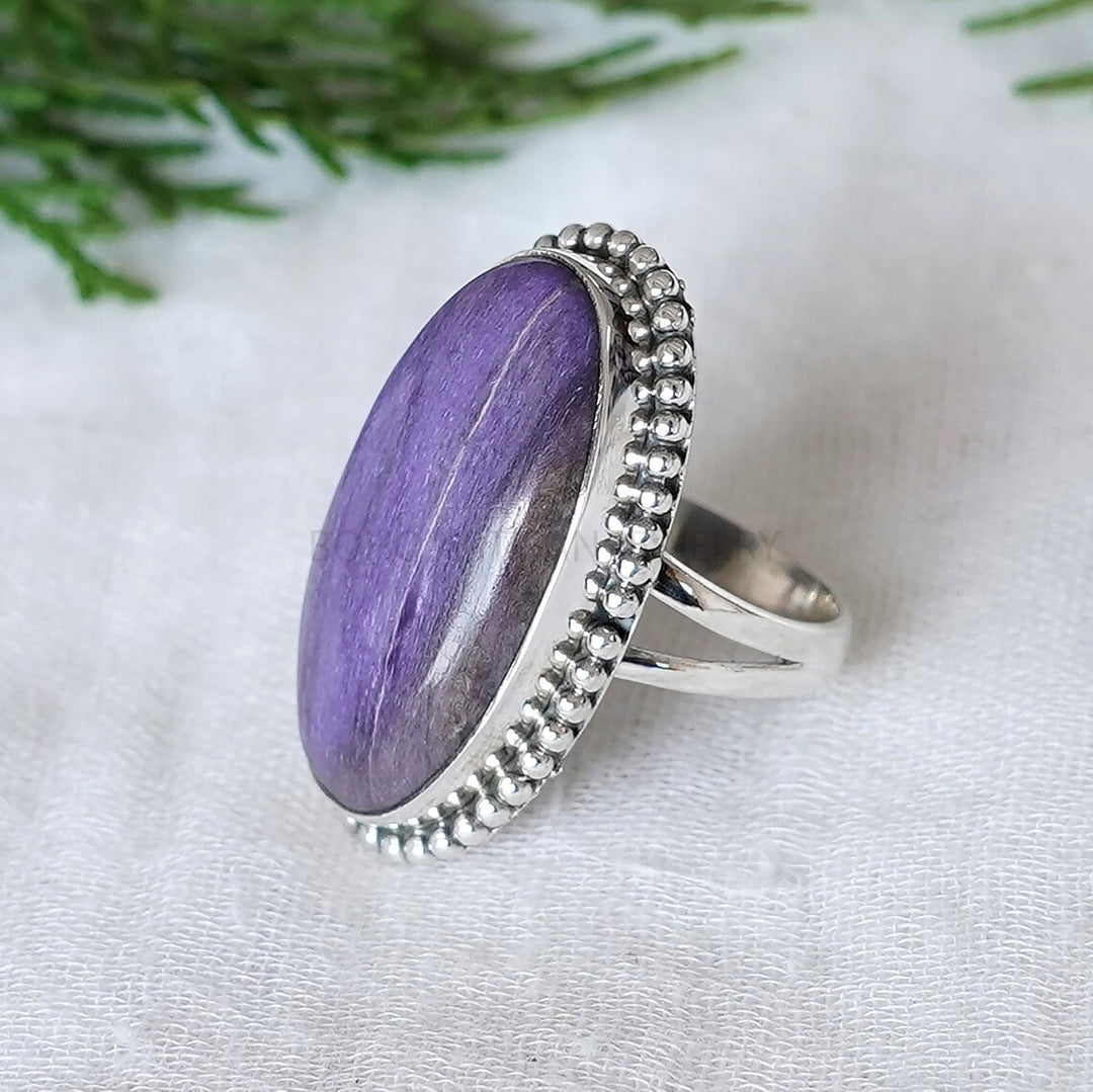 Handmade Charoite Silver Ring: Oval Cabochon, Boho Jewelry