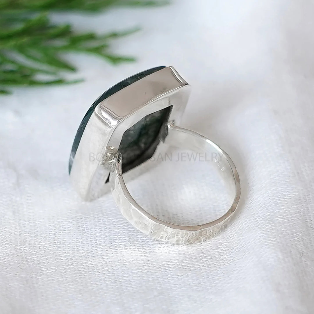 Hammered Sterling Silver Moss Agate Ring: Natural Stone Boho Jewelry