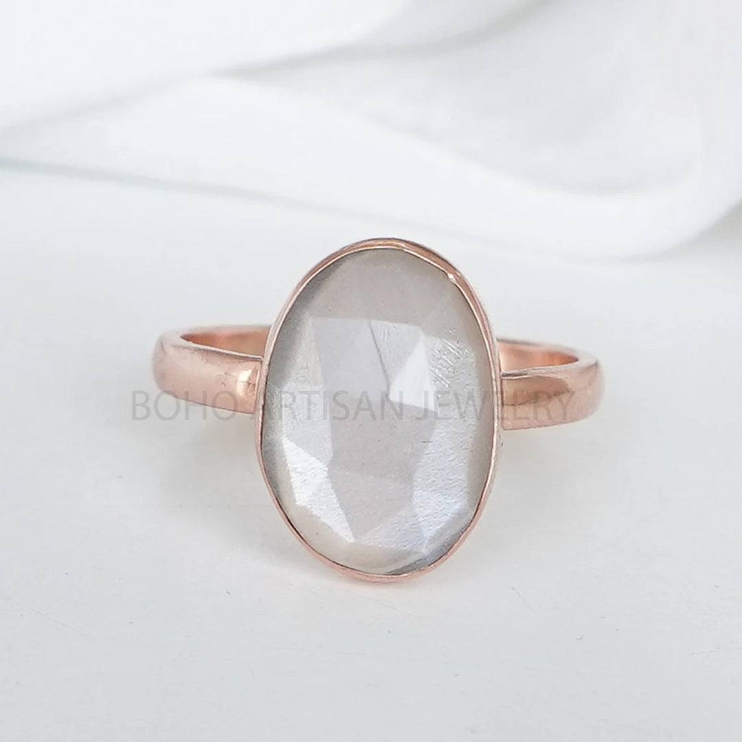 Raw Rainbow Moonstone Ring: 925 Sterling Silver, Rose Cut Gemstone