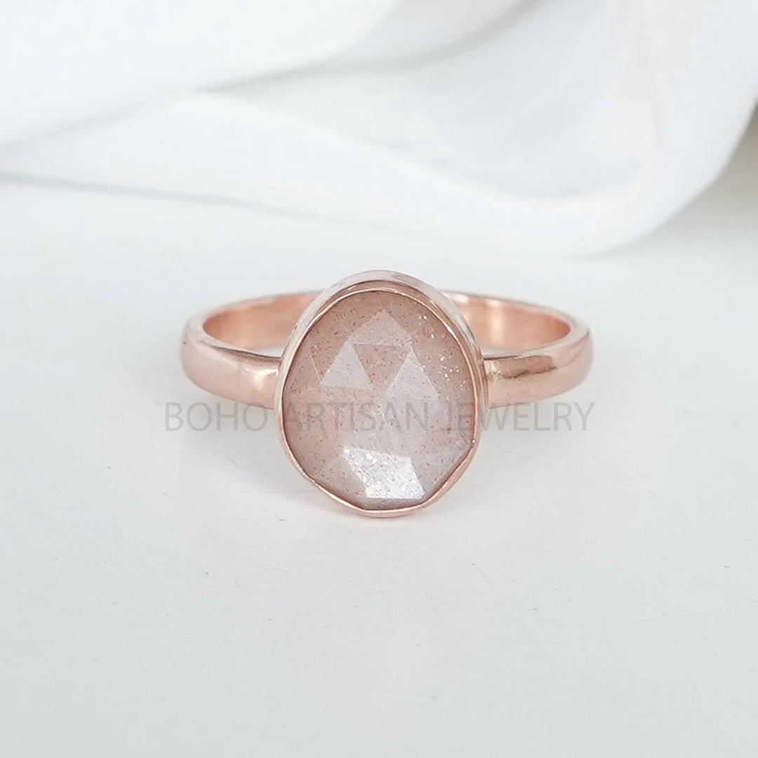 Raw Rainbow Moonstone Ring: 925 Sterling Silver, Rose Cut Gemstone