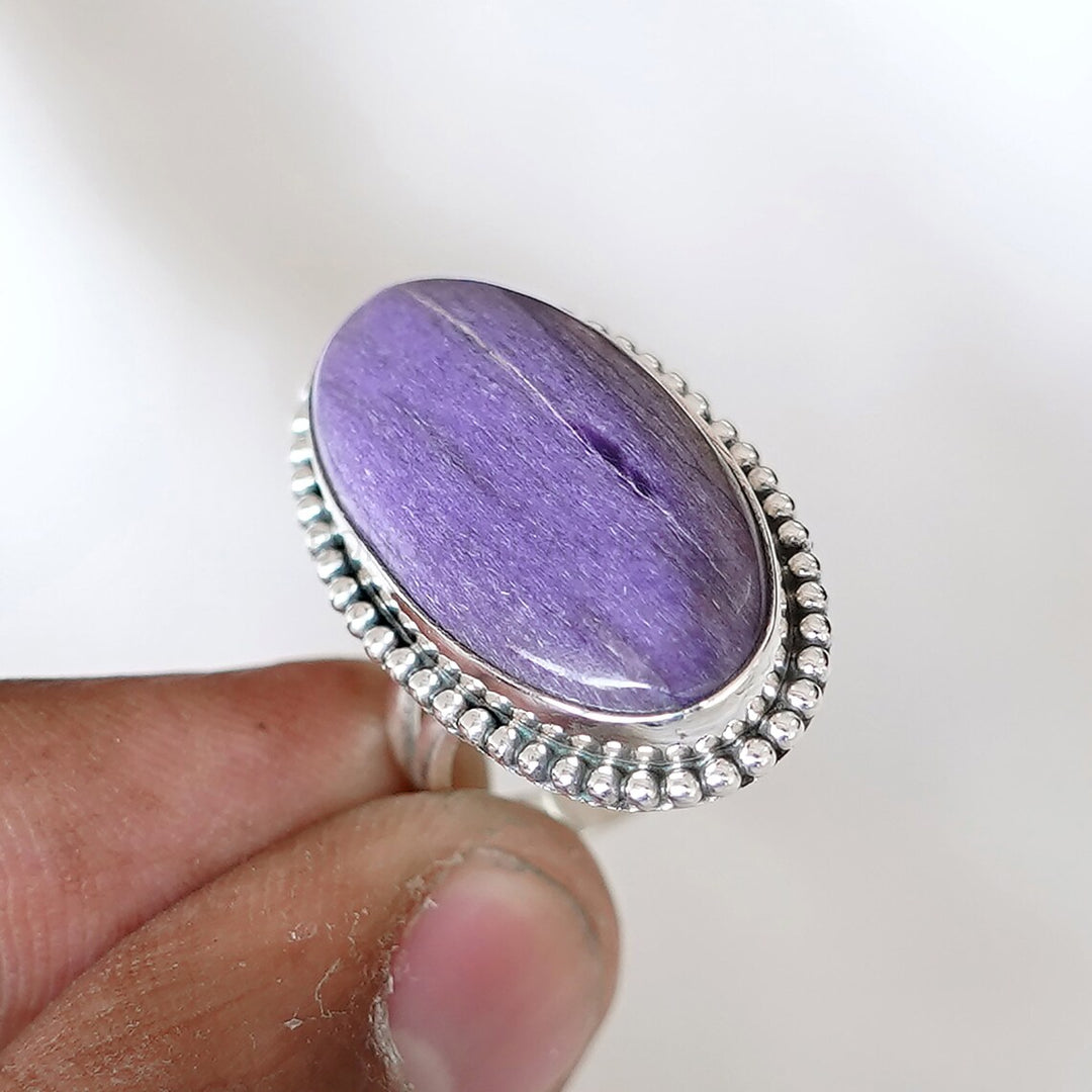 Handmade Charoite Silver Ring: Oval Cabochon, Boho Jewelry