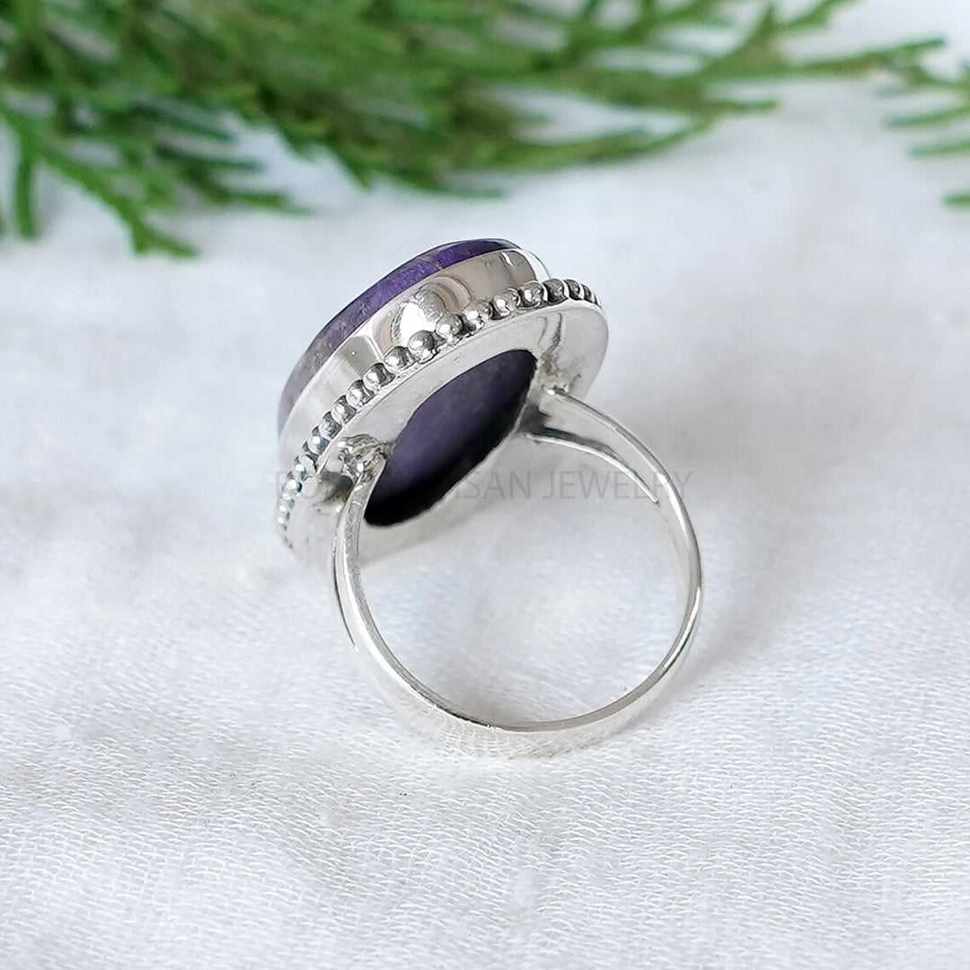 Handmade Charoite Silver Ring: Oval Cabochon, Boho Jewelry