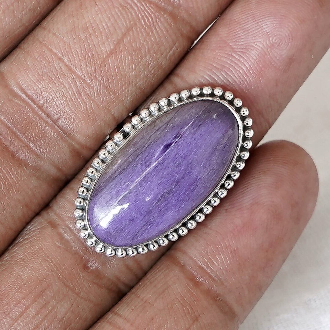 Handmade Charoite Silver Ring: Oval Cabochon, Boho Jewelry