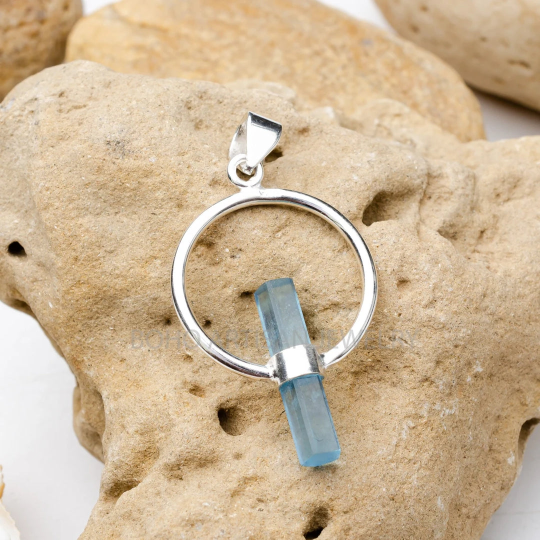 Raw Aquamarine Pendant: Sterling Silver Crystal Necklace, March Birthstone