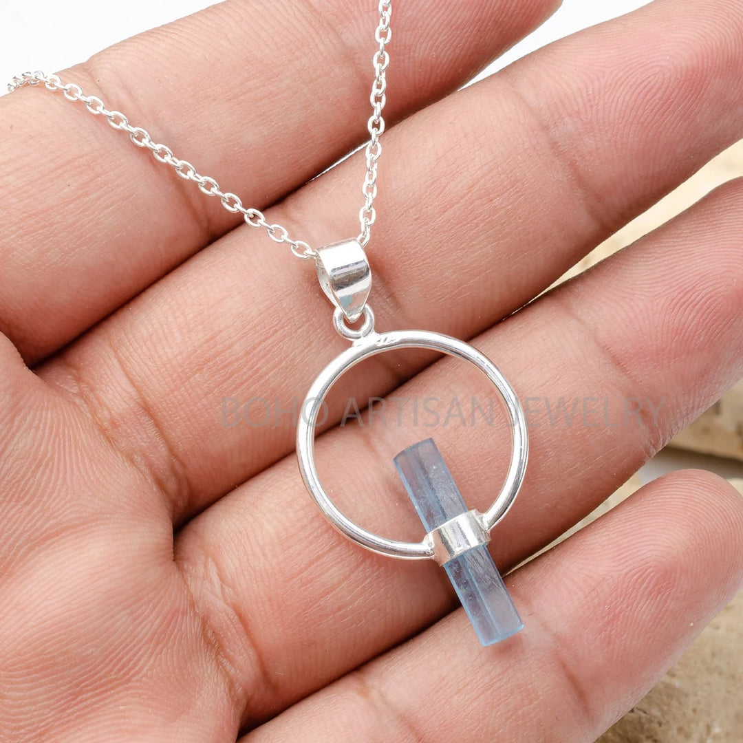 Raw Aquamarine Pendant: Sterling Silver Crystal Necklace, March Birthstone