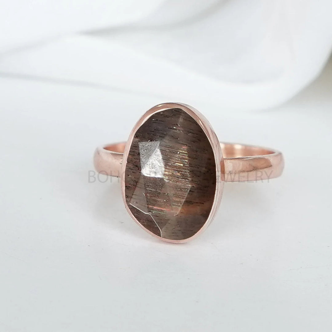 Raw Rainbow Moonstone Ring: 925 Sterling Silver, Rose Cut Gemstone
