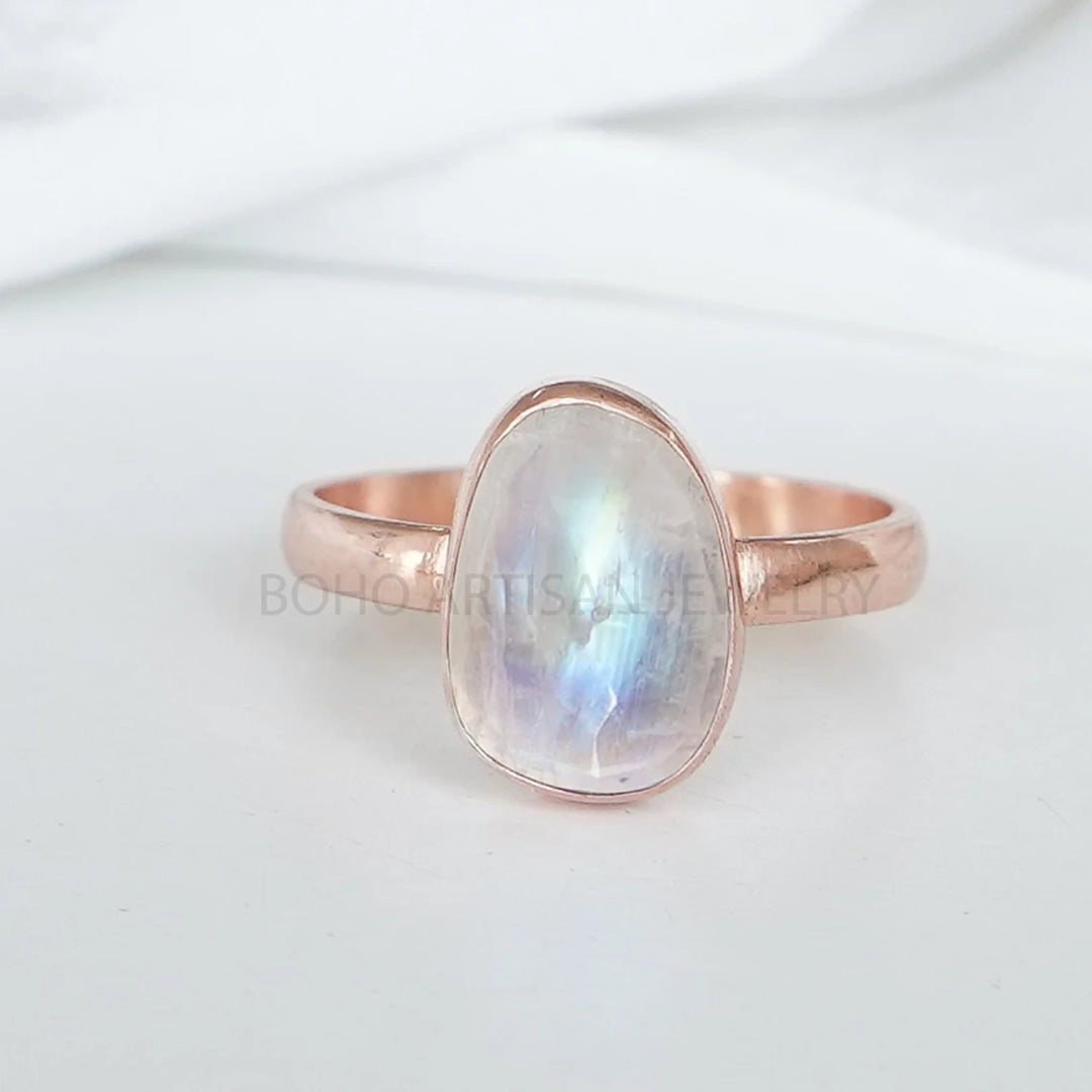 Raw Rainbow Moonstone Ring: 925 Sterling Silver, Rose Cut Gemstone