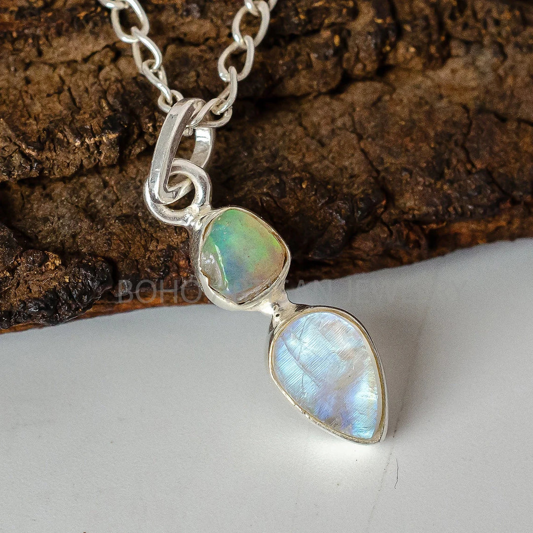 Raw Sapphire Moonstone Pendant: Sterling Silver Two Stone Necklace