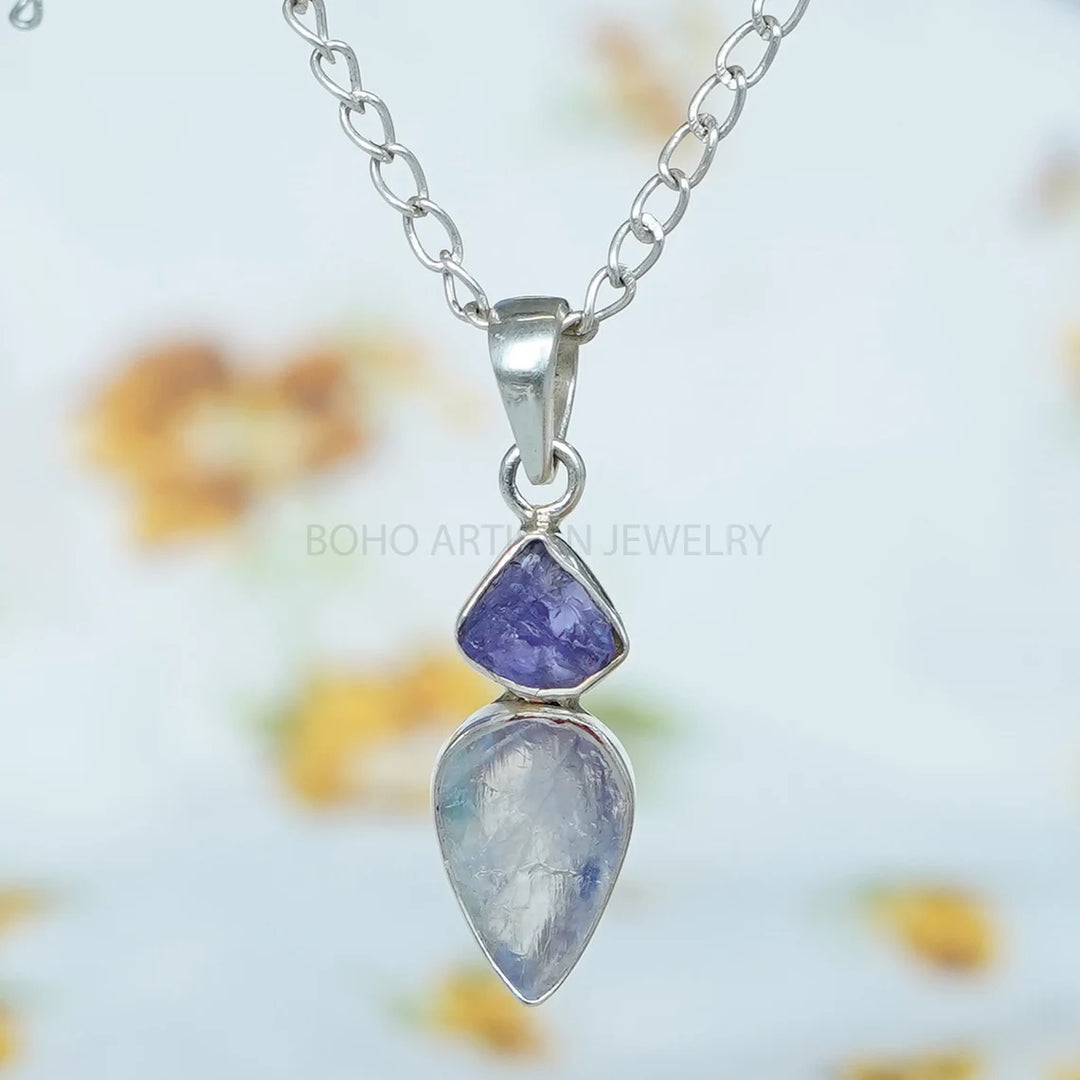 Raw Sapphire Moonstone Pendant: Sterling Silver Two Stone Necklace