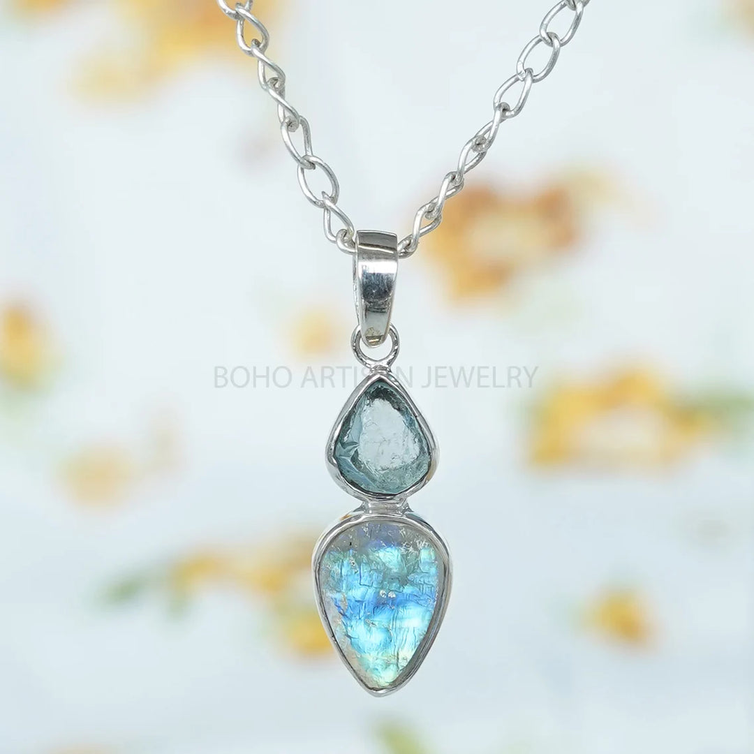 Raw Sapphire Moonstone Pendant: Sterling Silver Two Stone Necklace