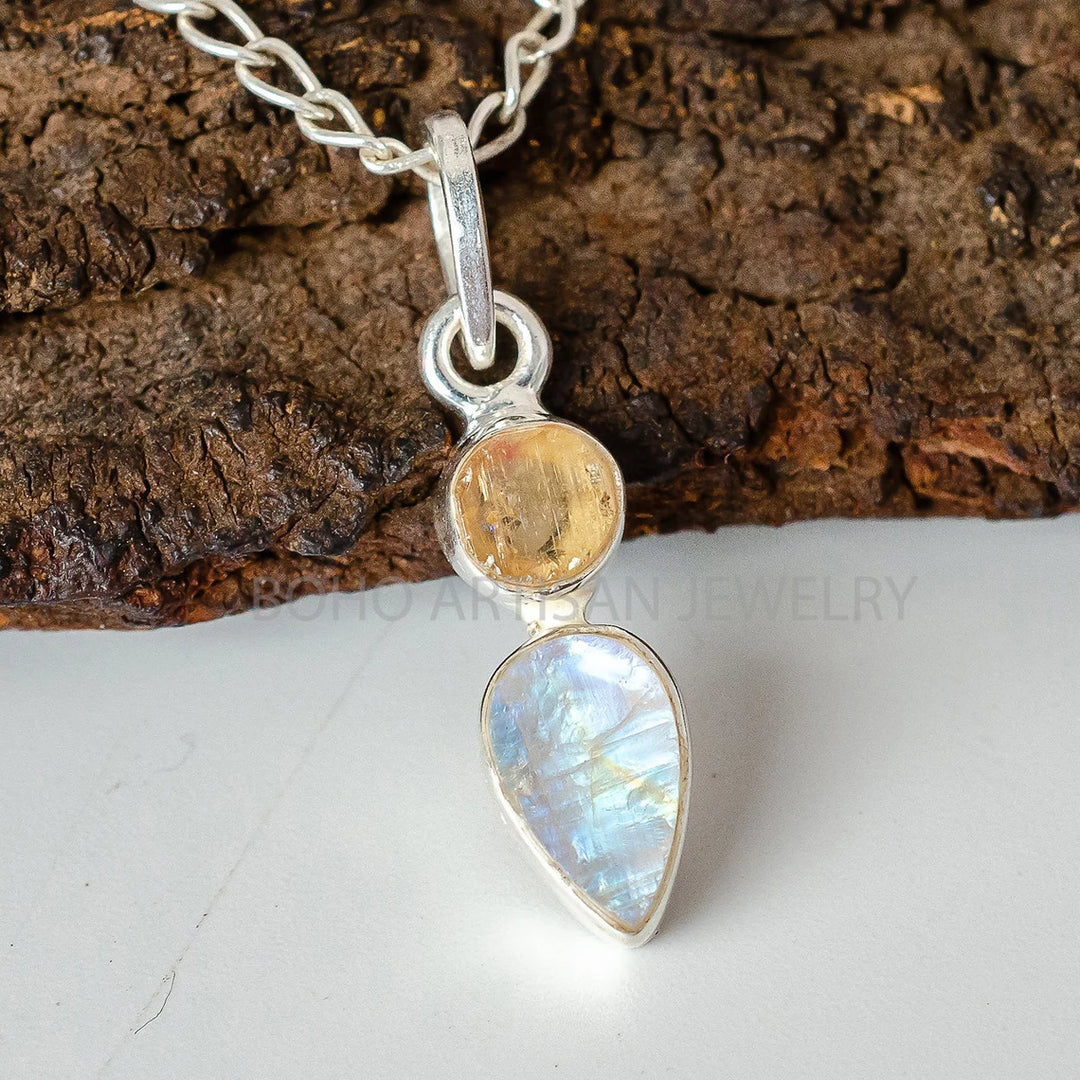 Raw Sapphire Moonstone Pendant: Sterling Silver Two Stone Necklace