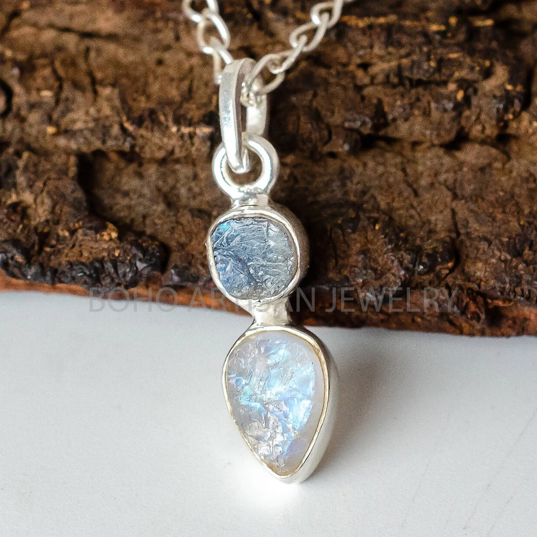 Raw Sapphire Moonstone Pendant: Sterling Silver Two Stone Necklace