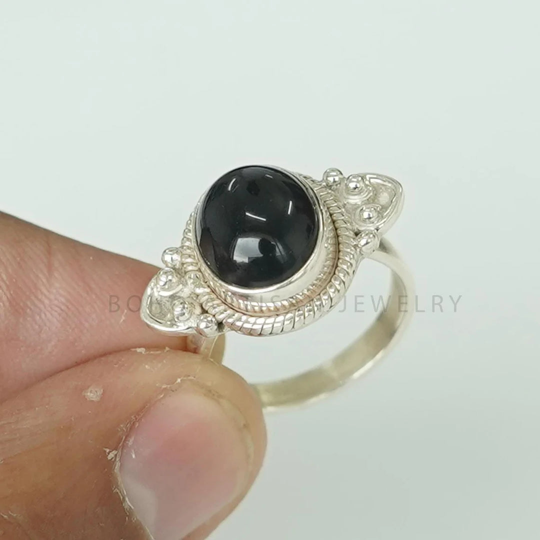 Black Obsidian Sterling Silver Ring: Handmade Statement Jewelry