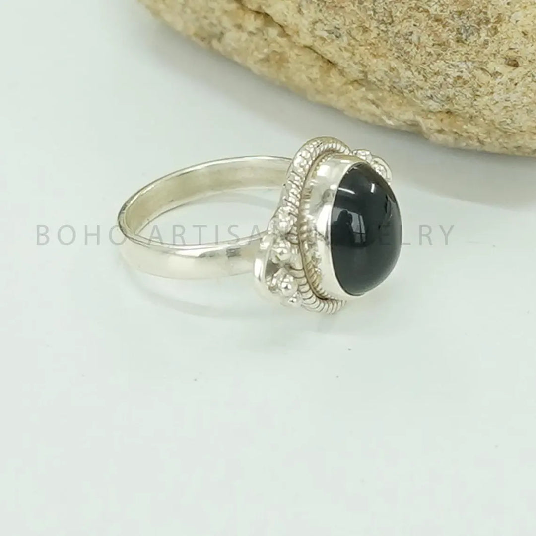 Black Obsidian Sterling Silver Ring: Handmade Statement Jewelry