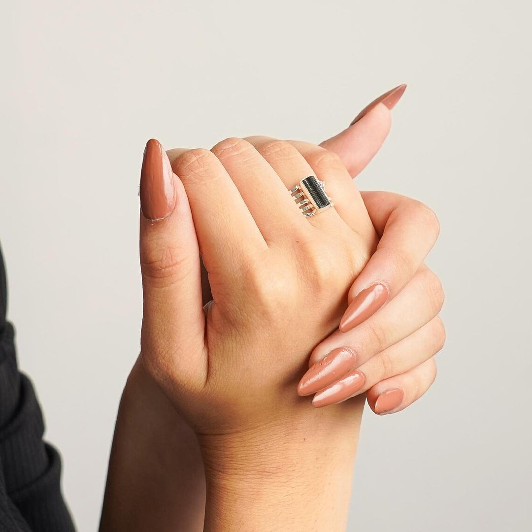 Raw Black Tourmaline Ring: Sterling Silver Spiral Stackable Ring