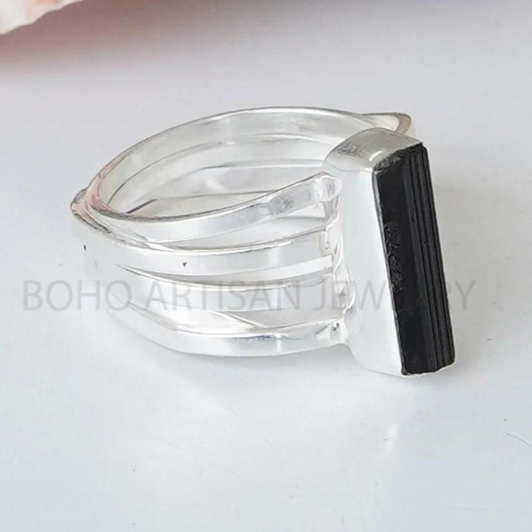 Raw Black Tourmaline Ring: Sterling Silver Spiral Stackable Ring