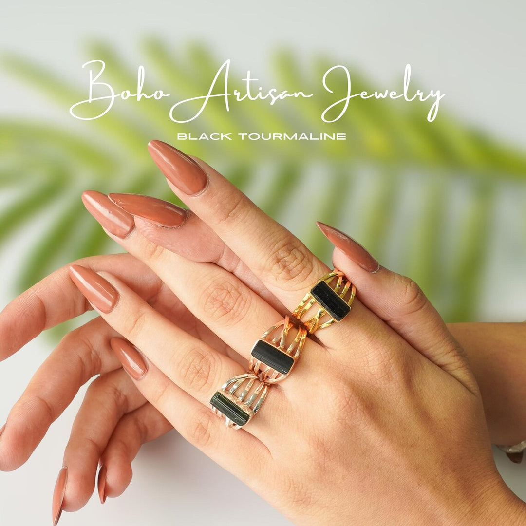 Raw Black Tourmaline Ring: Sterling Silver Spiral Stackable Ring