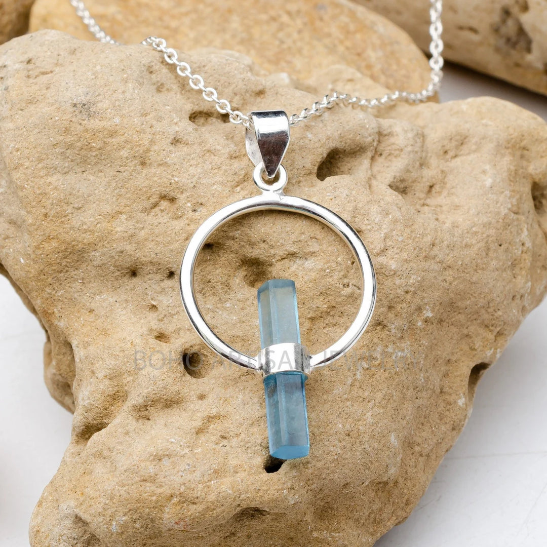 Raw Aquamarine Pendant: Sterling Silver Crystal Necklace, March Birthstone