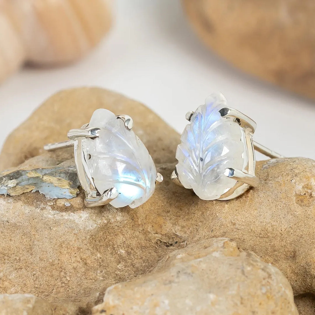 Hand Carved Labradorite Leaf Earrings: 925 Sterling Silver Boho Studs