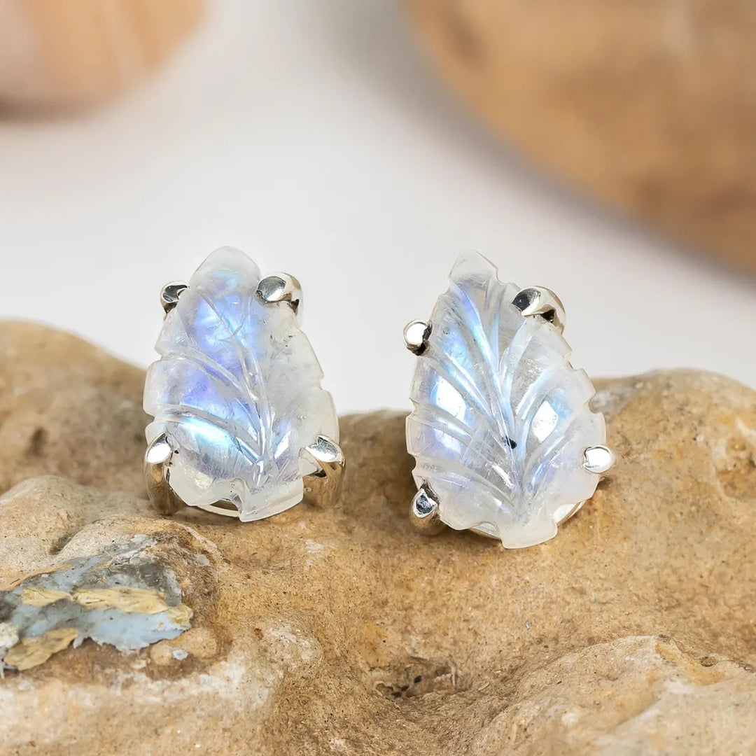 Hand Carved Labradorite Leaf Earrings: 925 Sterling Silver Boho Studs