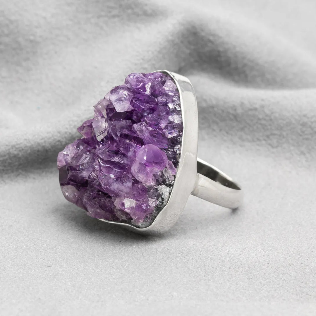 Raw Amethyst Geode Ring: Chunky Sterling Silver Crystal Statement Jewelry