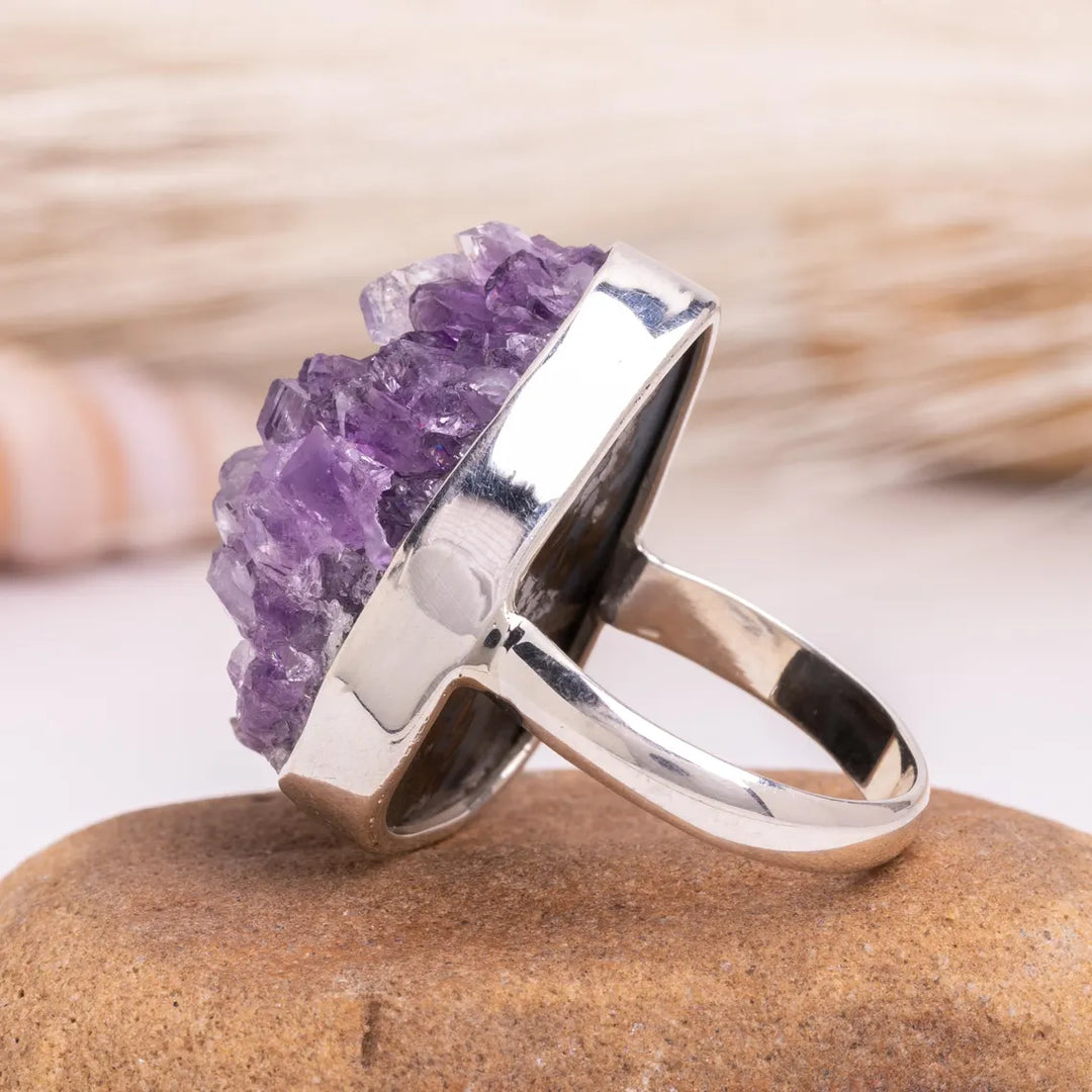 Raw Amethyst Geode Ring: Chunky Sterling Silver Crystal Statement Jewelry